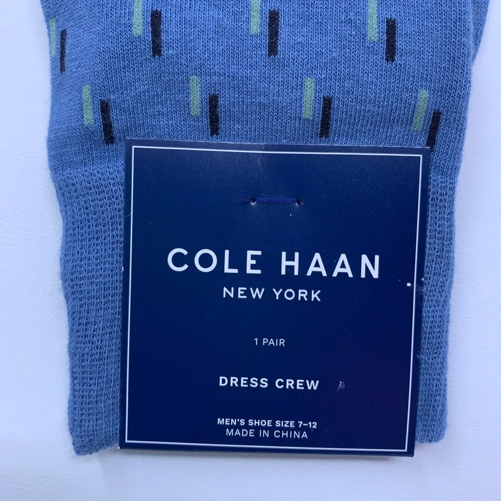Cole Haan Mens 7-12 Blue Dash Pattern Combed Cotton Blend Dress Crew Socks NWT